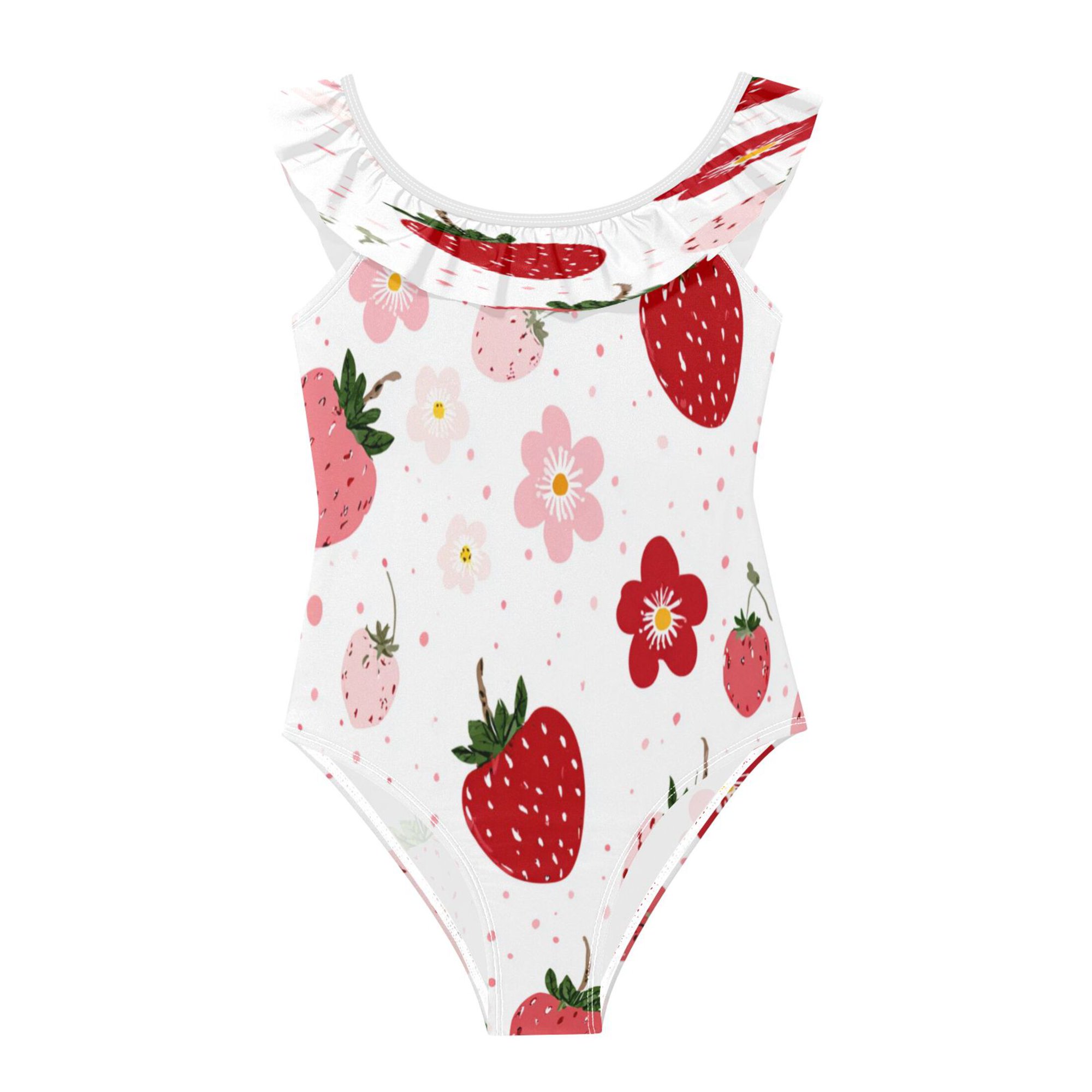 Girls Ruffle One-Piece Swimsuit Girls One-Piece Swimwear Printed Kids Bathing Suit Soft Stretchy Swimwear for Beach Pool Cute Strawberries 5Years