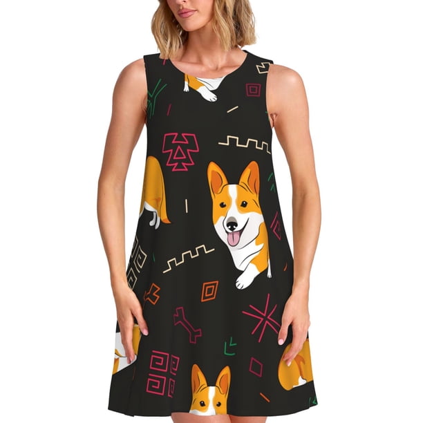 Easygdp Royal Corgi para Vestido Transpirable de Mujer, Vestido Suelto de Manga Corta con Pliegues y Bolsillos para el Verano