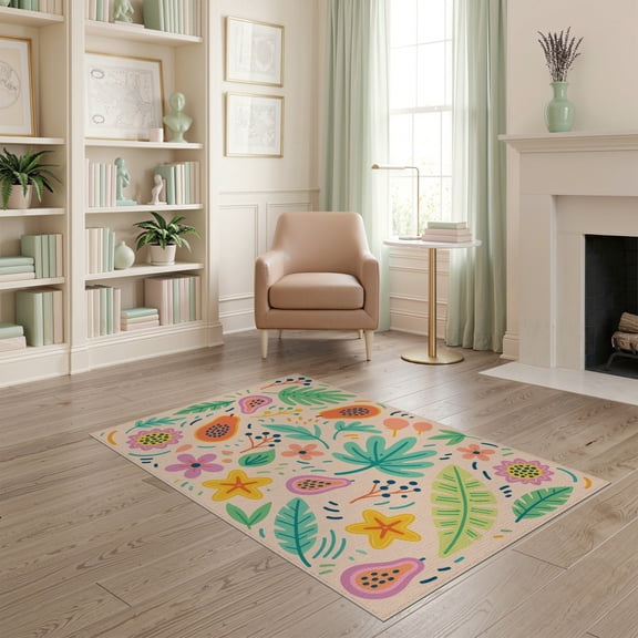 ODIKA 4'x6' Cream Ivory Tropical Botanical Terracotta Washable Area Rug Contemporary Papaya Fruit Motif Palm Leaf Pattern for Bedroom, Reading Nook, Pet Friendly & Non-Shedding