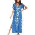 thumbnail image 1 of Robe Kaftan à Manches Courtes pour Femmes, Robe de Plage Longue Fendue sur le Côté, Robe de Plage Brodée, Couverture de Bikini, 1 of 5