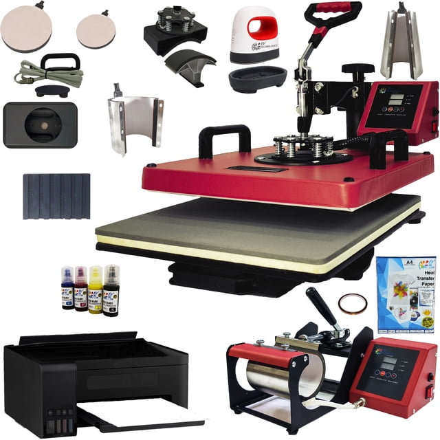 Combo 11 En 1 EV Technologies plancha sublimacion color roja con impresora y 150 articulos