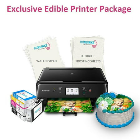 Icinginks Wireless Canon Edible Image Printer for Cakes, Exclusive Edible Printer Package with 2 Types of 110 Assorted Edible sheets,Flexible Frosting Sheets,Wafer Paper & Set of Edible Ink