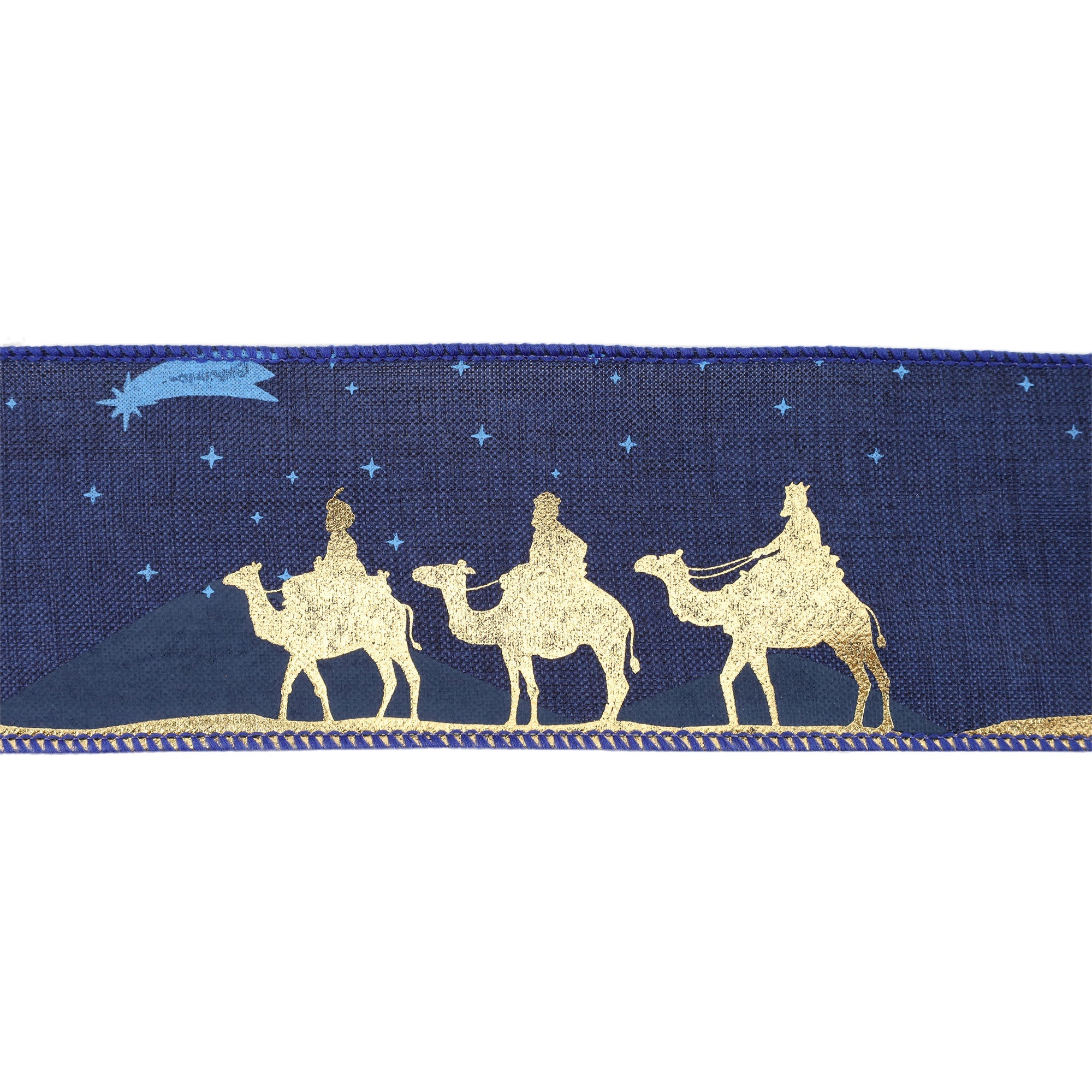 LaRibbons 2 1/2" Faux Linen Wired Ribbon, Blue w/ Gold Print Three Wise Men, 10 Yard Roll