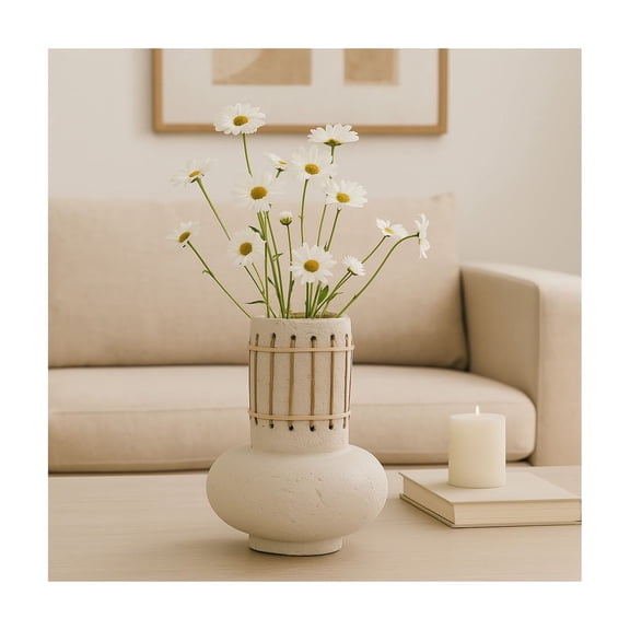 Boho Decorative Vase with Pottery Ecomix and Cane Accents - Handmade Woven Style Modern Versatile Statement Decor Piece