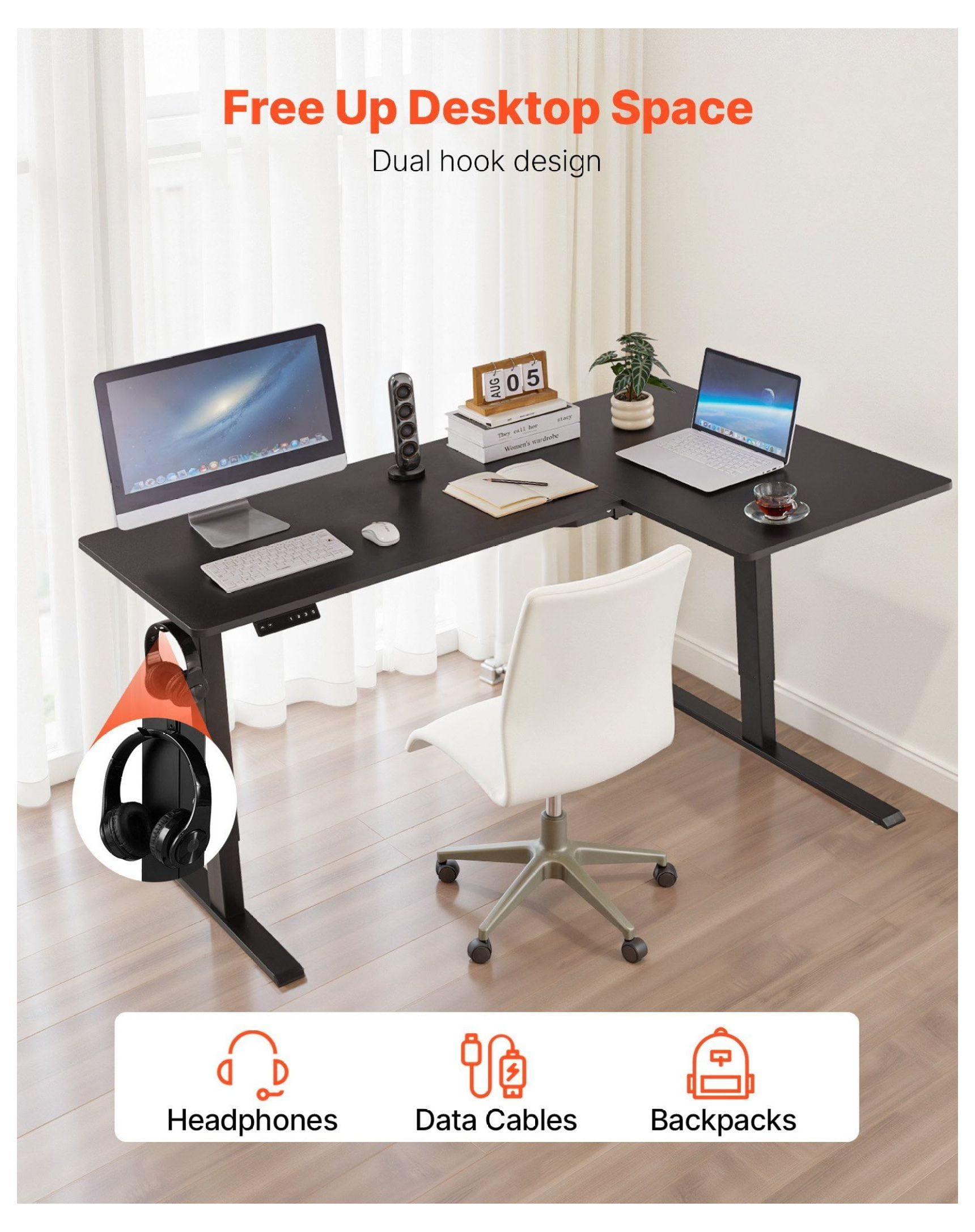 L Shaped Desk Electric Adjustable Height Corner Gaming Desk with Hooks - 63x39.37in Standing Desk Converter for Home Office, Dual Motor, Sit-Stand