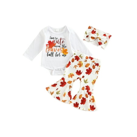 

3Pcs Baby Girl Autumn Outfit Long Sleeve Round Neck Romper Shirt + Leaf Print Trousers + Headband Thanksgiving Clothes Set