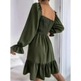 thumbnail image 5 of Women'S Square Neck Lantern Long Sleeve Ruffle Shirred Flowy Party Mini Dress Army Green XXL, 5 of 10