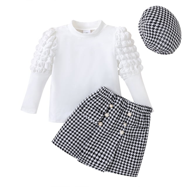 Gibobby Conjunto 3 uds. niño Conjunto de ropa de manga larga de invierno para niñas pequeñas, Tops de Color sólido, falda a cuadros(Blanco, 3-4 Años)