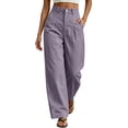 thumbnail image 4 of Costeam Womens Wide Leg Casual Pants Contrast Stitch Curved Seam Detail Button High Waist with Side Pockets Loose Straight Leg Lightweight Soft Breathable Relaxed Fit Full Length Utility Trousers, 4 of 7