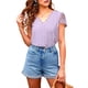 thumbnail image 1 of Blusa casual morada para mujer con mangas cortas y detalle calado, talla XL, escote en V, encaje y crochet, 1 of 5