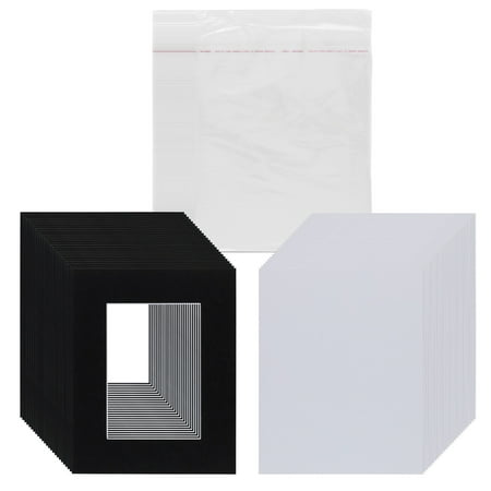 Viewpoint Pack of 25 Picture Mats Pre Cut for 5x7 Photos or Art, White Core Bevel, Set Includes Backing Board & Clear Sealable Bags - Black