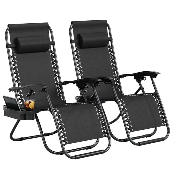 Folding Patio Lounge Chairs Set of 2,with Cup Holder Tray & Pillow, Adjustable Reclining Outdoor Chairs for Beach, Yard, Garden