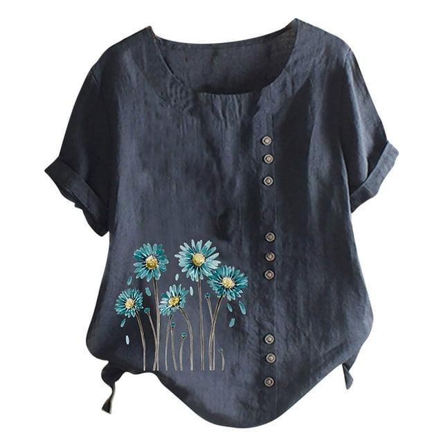 DPTALR Chemise Décontractée d'Été pour Femmes Col Rond Manches Courtes Imprimé Floral Ample