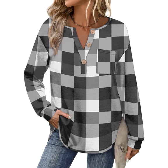 Flannel Shirt Women Plaid Long Sleeve Button Down Henley Shirts Dressy Casual Fall Ladies Tops and Blouses Gray 3XL