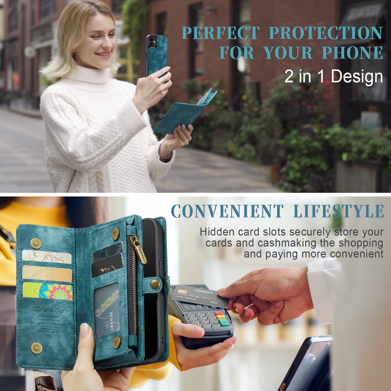 Feishell Durable 2-In-1 Magnetic Detachable Wallet Case for iPhone 12 / iPhone 12 Pro,for Women Men,Premium PU Leather Zipper Pocket Flip Multi Card Slots Purse Phone Case with Wrist Strap,Green