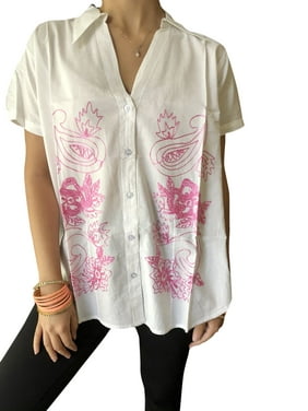 Mogul Women White Shirt, Boho Blouse Pink Embroidered Handmade Bohemian Summer Cotton Tops L