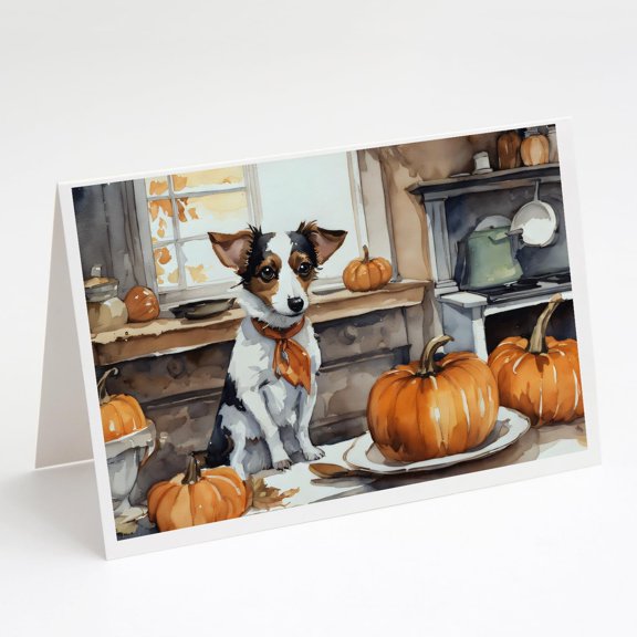 Jack Russell Terrier Fall Kitchen Pumpkins Greeting Cards and Envelopes Pack of 8 7 in x 5 in