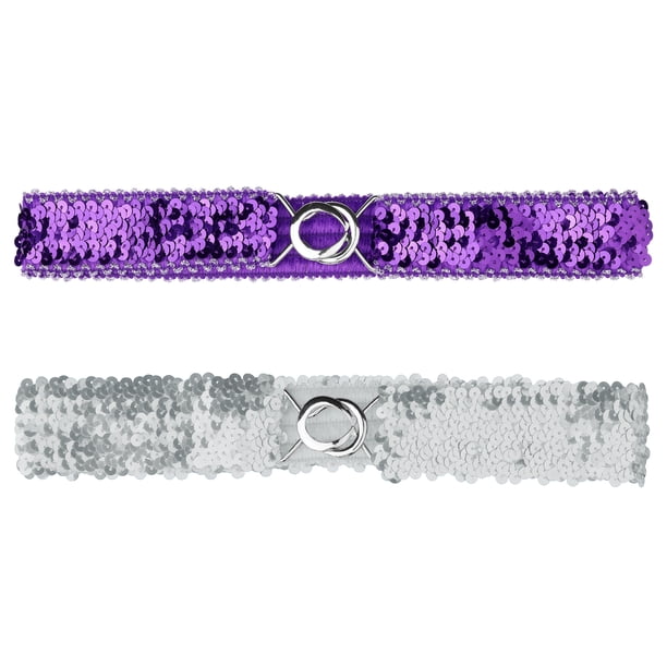 Cinturones elásticos ajustados con purpurina para mujer, cinturones elásticos con decoración de lentejuelas para vestidos Plata Lado Púrpura 64cm/25.19