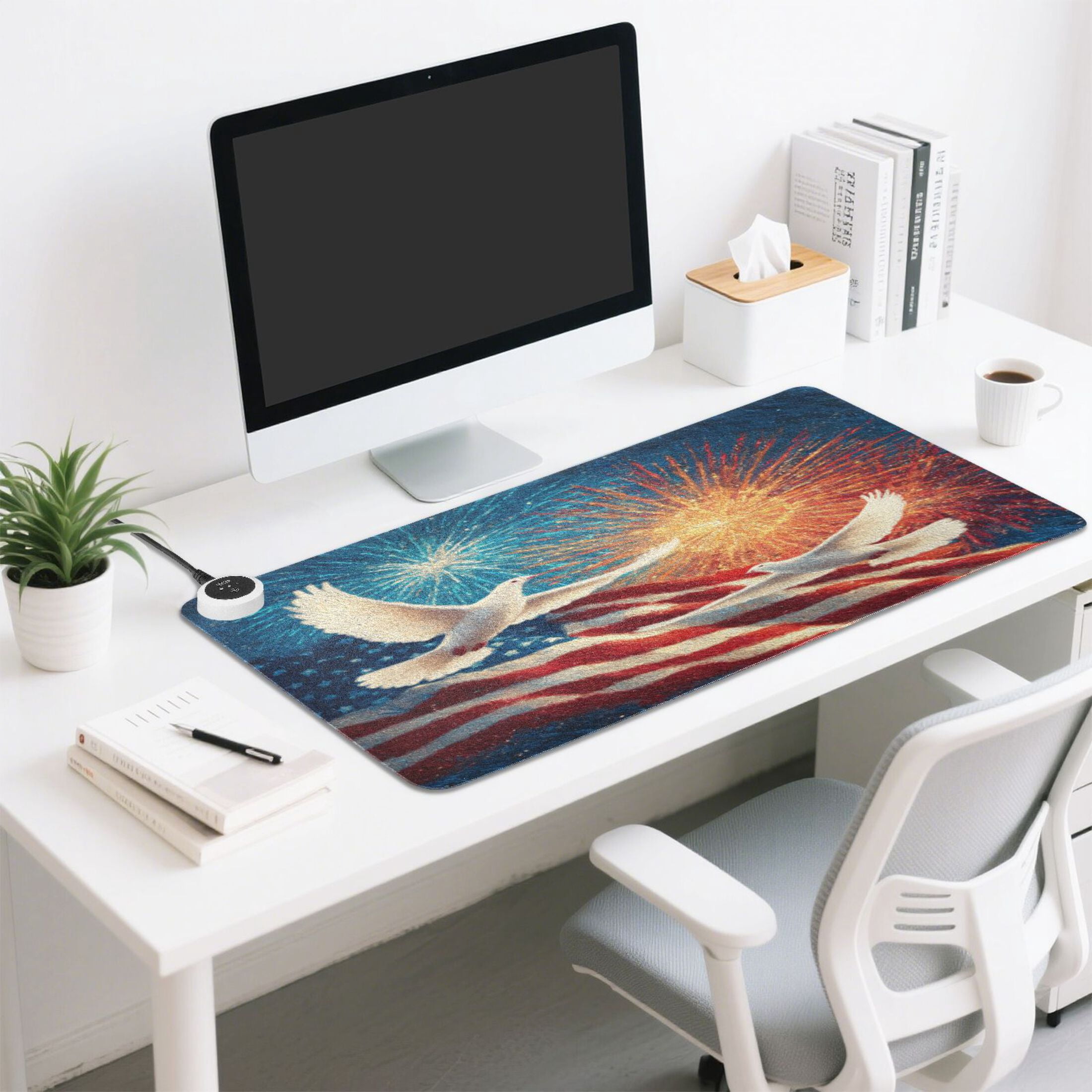 Large Heated Desk Mat Mouse Pad 31.5"x13"PU Leather Graphene Heating Desk Warmer with 3 Temperature Settings 110V US Plug Non-Slip Warm Pad for Home, Office, and Gaming White Dove and American Flag