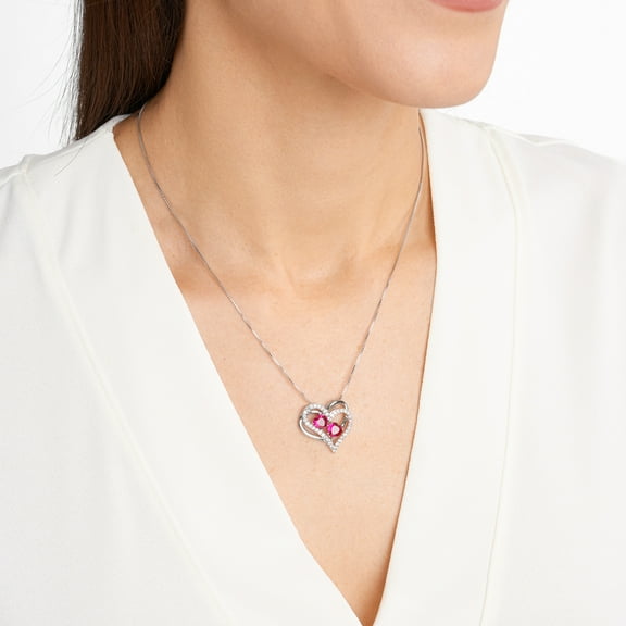 Forever Facets Created Ruby and Created White Sapphire Heart Pendant Necklace in Sterling Silver, Adult Female