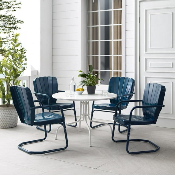 Maykoosh Beachy Boho Outdoor Metal 5-Piece Dining Set (Dining Table, 4 Chairs), Navy Gloss with White Table - 104.5 x 104.5 x 34.25 inches
