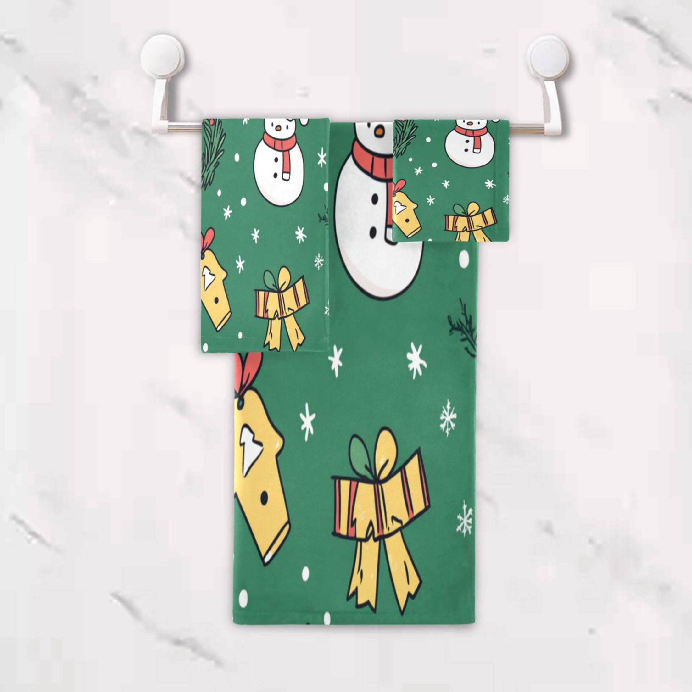 WOBOGO Cartoon Christmas Patterns with Simple Lines Ultra Soft 3 Pack Cotton Towel Set Includes 60 x 30in Bath Towel 28 x 16in Face Towel and 13 x 13in Small Square Towel for Everyday Use Lightweight