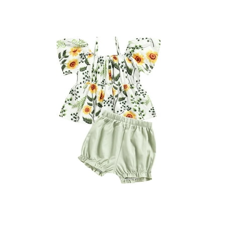 

Musuos Baby Girls Summer Clothes Floral Print Cold Shoulder Short Sleeve Spaghetti Straps Tops and Casual Shorts Set