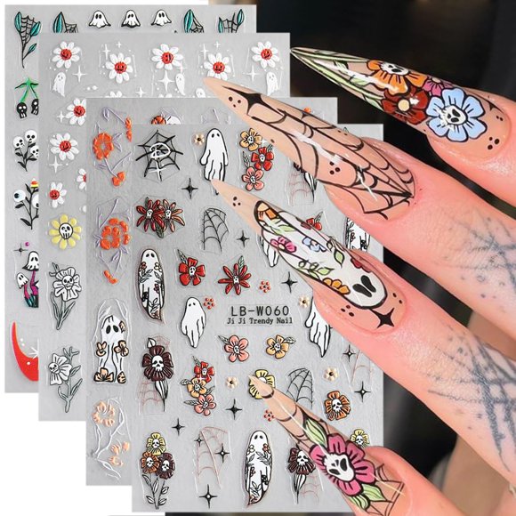Calcomanías para uñas ZASKHLD, 4 hojas, arte de uñas Halloween 5D