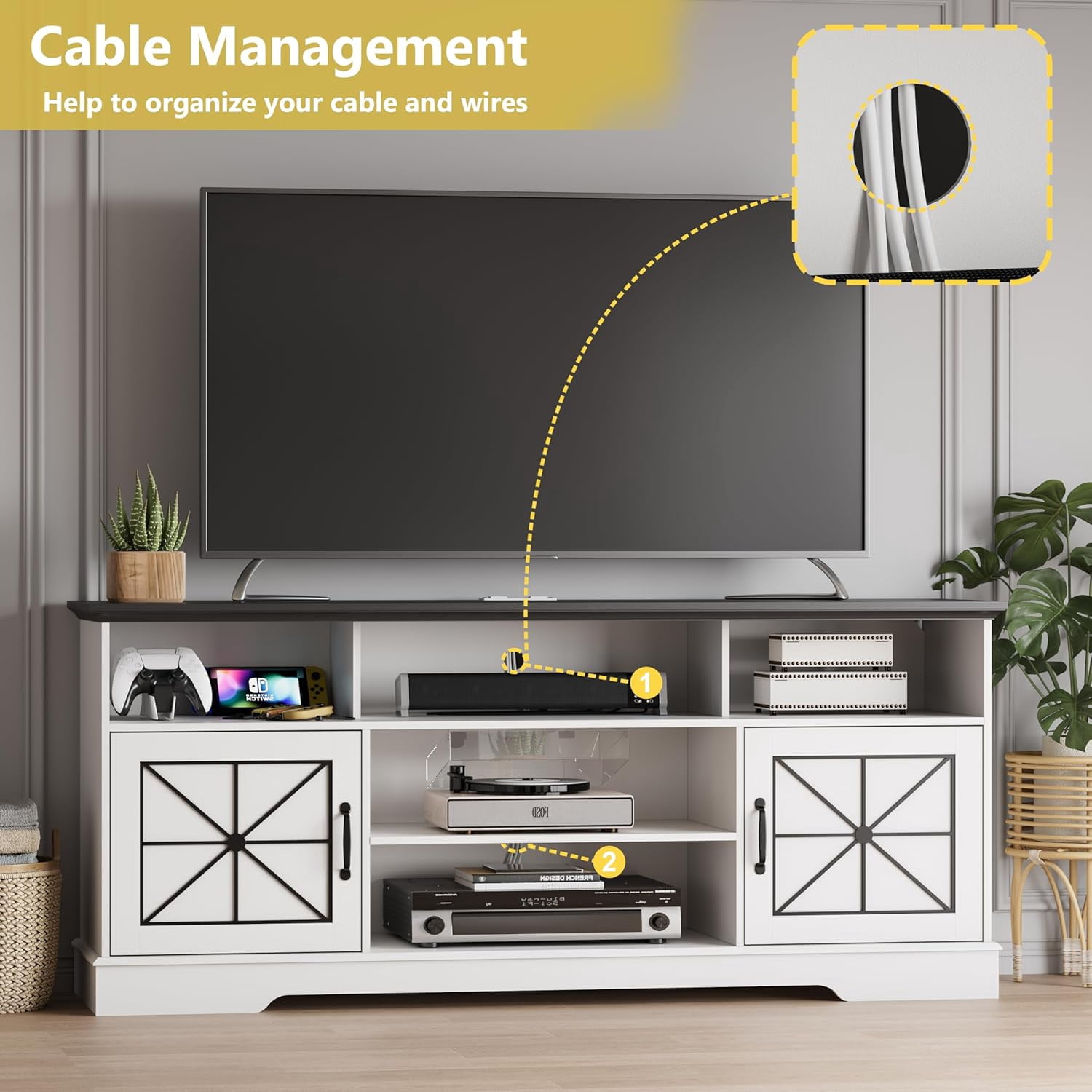 FANRAL Farmhouse TV Stand with RGB LED Lights,Entertainment Center for 65 Inch TV,Media Console with Power Outlets & Adjustable Shelf for Living Room,White TV Stand