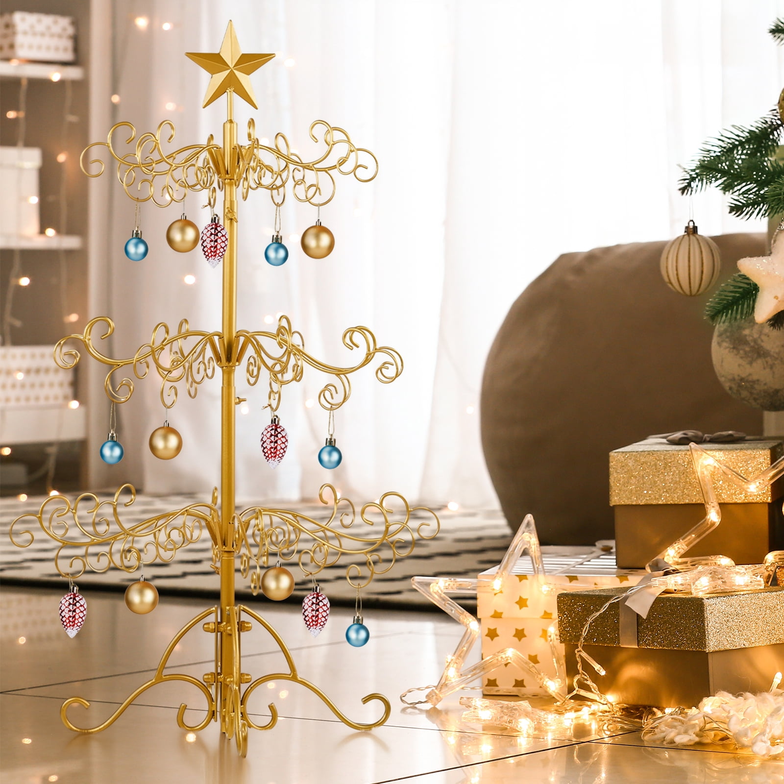 Astoutdoor 3 ft Wrought Iron Christmas Tree, Gold Metal Ornament Display Stand for Holiday Party Home Decor, Indoor and Outdoor Hanger