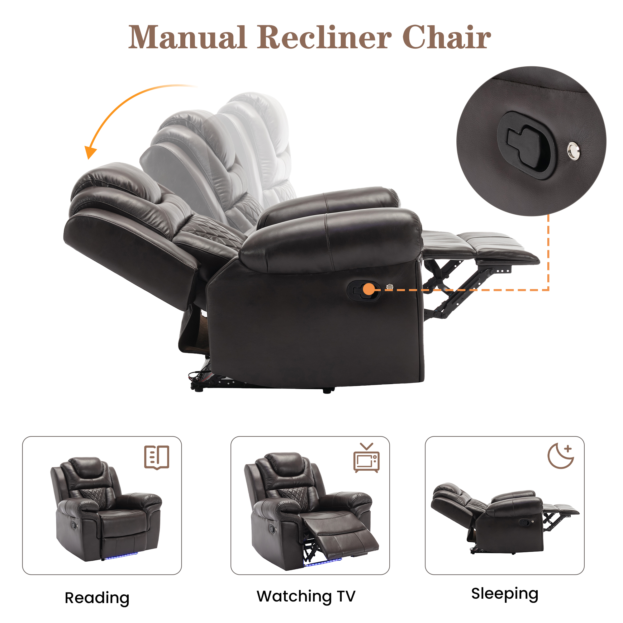 Euroco Home Theater Seating Manual Recliner Chair with LED Light Strip for Living Room,Bedroom, Brown