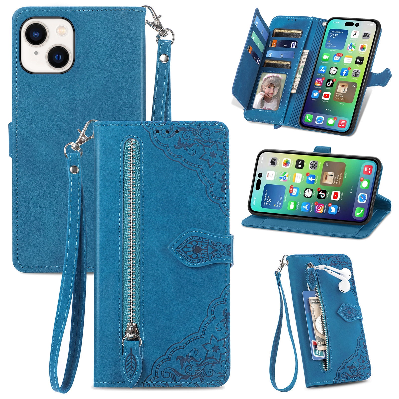 Cowithday for Apple iPhone 15 Wallet Case for Women Men, iPhone 15 Cover, Embossed PU Leather Magnet Buckle Card Slots Zipper Pocket Lanyard Wrist Strap Handbag All-inclusive Protective Case, Blue