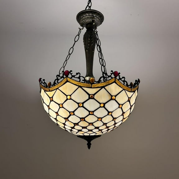 Tiffany Pendant Lighting Ceiling Light Beige Stained Glass Crystal Beans LED Bulbs Included for Dining Room Living Room Bedroom 16"W*16"D*60"H