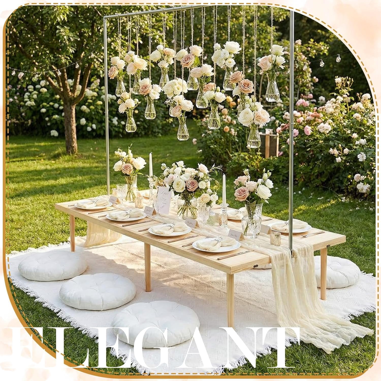 91 x 71'' Extra Large Outdoor Picnic Blanket with Beige Table Runner 6 Napkins and 6 Beige Floor Pillows Cushions for Picnic Party Camping Wedding Bachelorette Birthday Baby Shower Decor