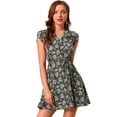 thumbnail image 1 of Unique Bargains Robe Ceinturée à Fleurs pour Femme, Col en V Croisé, Manches Pétales, 1 of 6