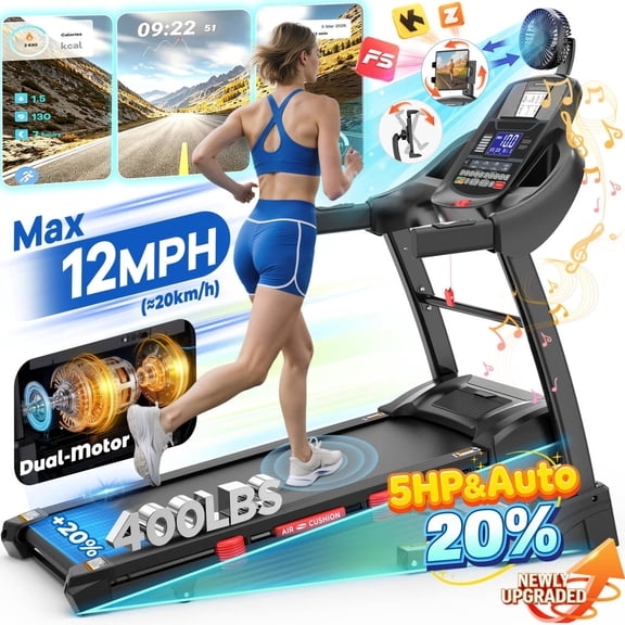 5HP Foldable Treadmill for Home w/ 15% Auto Incline, 400lbs Capacity, 10MPH Portable Treadmill, 64+7 Programs, Personalized Workout with APP, Running Walking treadmill