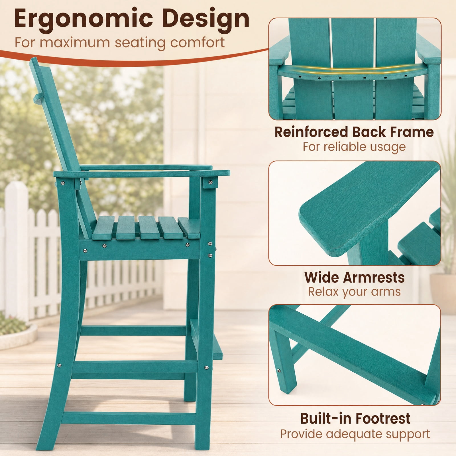 Furnibear Tall Outdoor Bar Stool Adirondack Chair with Ergonomic Backrest and Footrest for Backyard Patio Deck, Turquoise