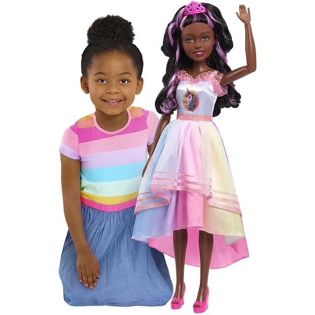 Muñeca Barbie Gigante Fiesta Unicornio 72cm Pelo Negro Vestido Zapatillas y Corona desmontables