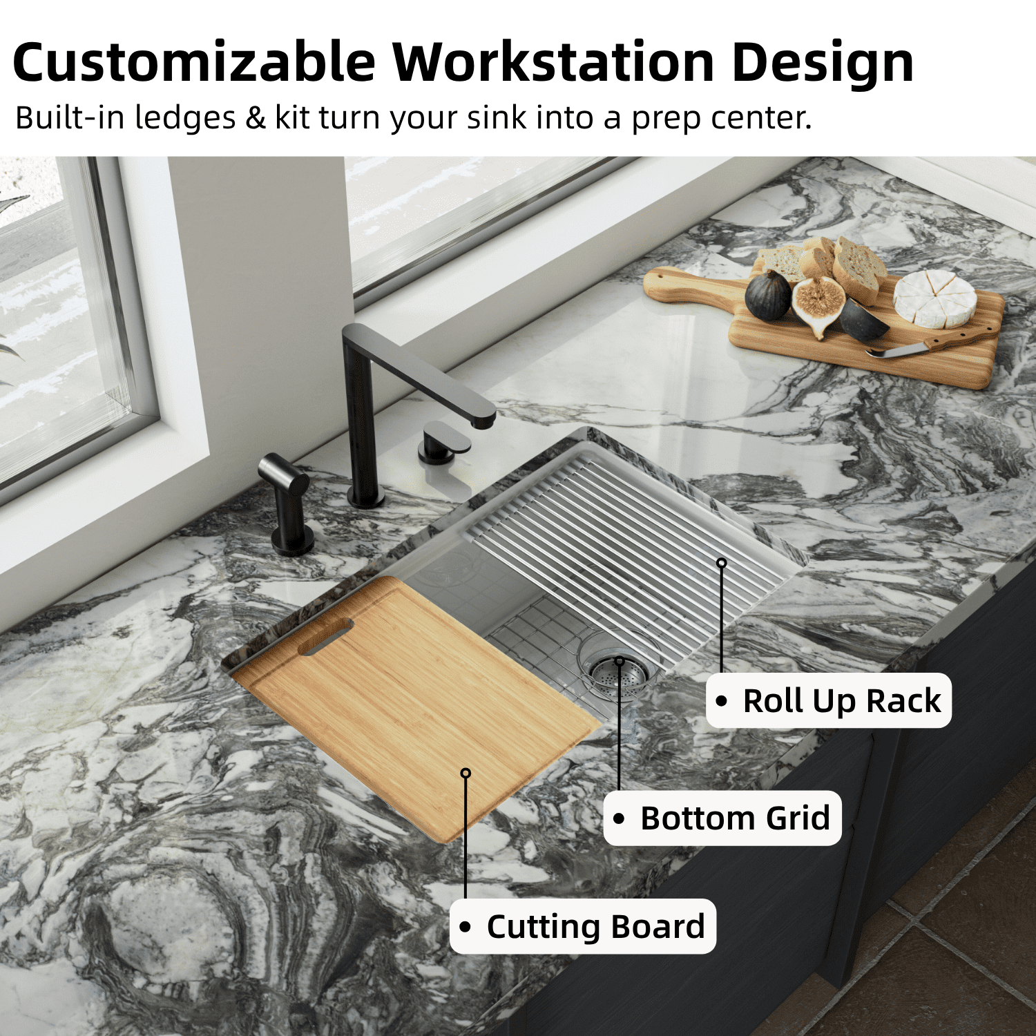 Los Flexi 30” × 19” White Kitchen Sink Fireclay Workstation Offset Drain Dual Mount Installation Deep Single Bowl Drying Rack Cutting Board Included