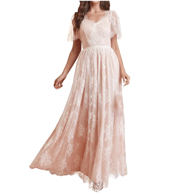 HKEJIAOI Robe de Bal en Dentelle Beige pour Femmes Manches Courtes Col en V Dos Nu Mariage Fluide Cocktail Collation des Grades Robe Maxi, m