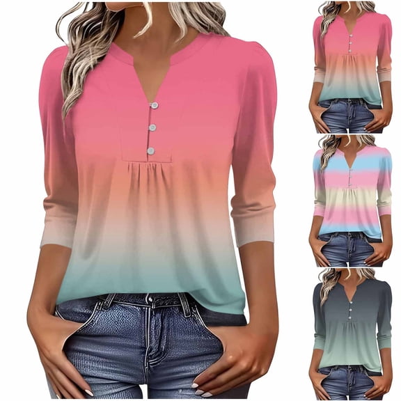 Miluxas 3/4 Sleeve Tops for Women Henley Neck Shirts Elbow Sleeve Casual Tshirts Pink XL(XL)