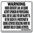 thumbnail image 1 of SignMission WS-P-1218-Kentucky Kentucky Equine Sign for Activity Liability Warning Statute Horse Farm Barn Stable, 1 of 1