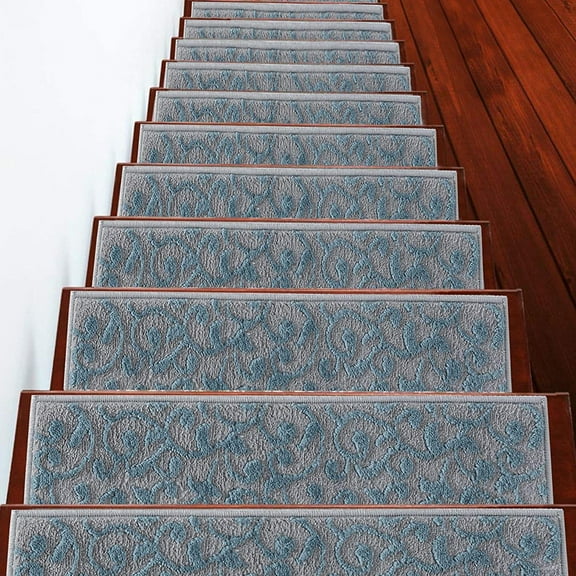 Sussexhome Carpet Stair Treads for Wooden Steps - Indoor Staircase Step Treads with Thick Carpet & Pattern Design - 9'' x 28'', Teal, Pack of 4
