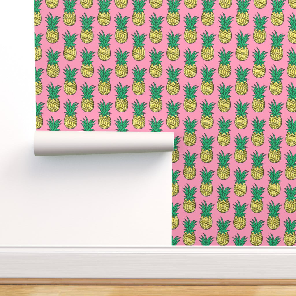 Commercial Grade Wallpaper Swatch - Pineapple Pink Pineapples Fruit Summer  Tropical Hawaii Fruits Traditional Wallpaper by Spoonflower 