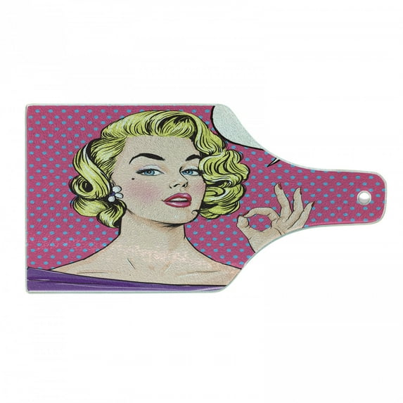 Vintage Cutting Board, Pop Art Blonde Woman Making OK Sign on Dotted Background Retro Comic Book Design, Tempered Glass Cutting and Serving Board, Wine Bottle Shape, Multicolor, by Ambesonne