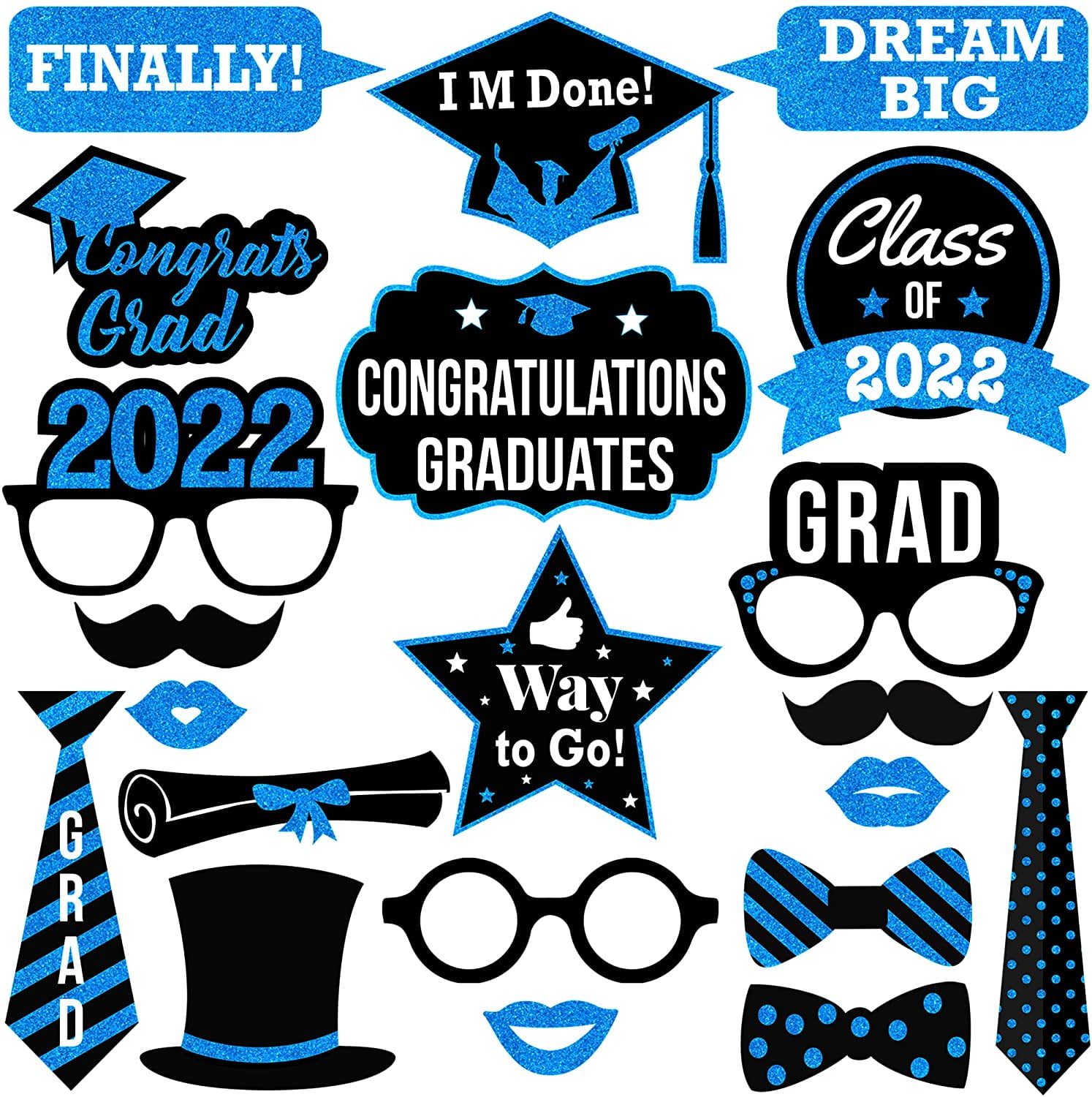 Glitter, Graduation Photo Booth Props 2022 - Pack of 21 | Blue Graduation  Decorations 2022 | Graduation Props for Photos - Walmart.com