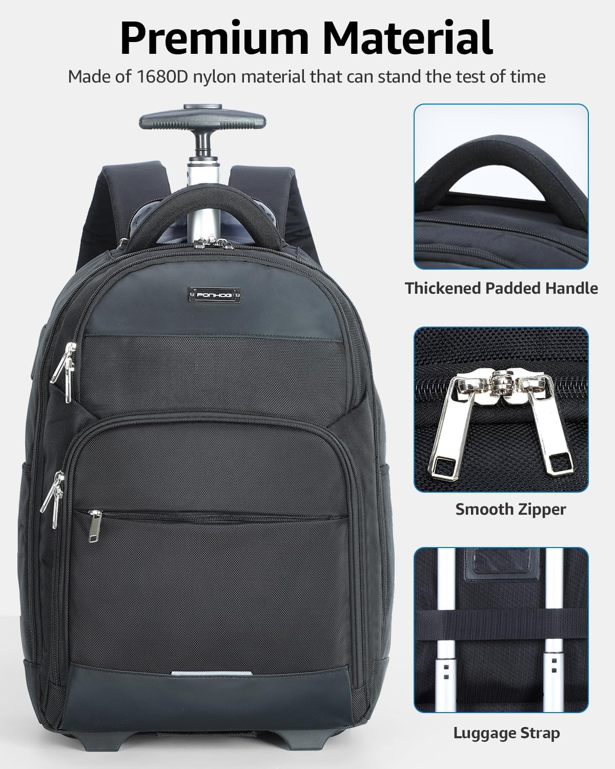 Rolling Backpack, 30L Travel Laptop Backpack with Wheels, 15.6 Inch Roller Carry on Luggage, Flight Approved Personal Item Wheeled Suitcase for Men Women Adults, Black