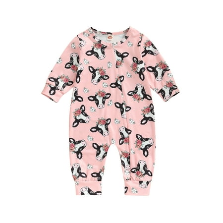 

Western Baby Girl Clothes Cow Print Long Sleeve Romper Jumpsuit Zip Up Onesie Bodysuit Headband Cute Cow Outfit