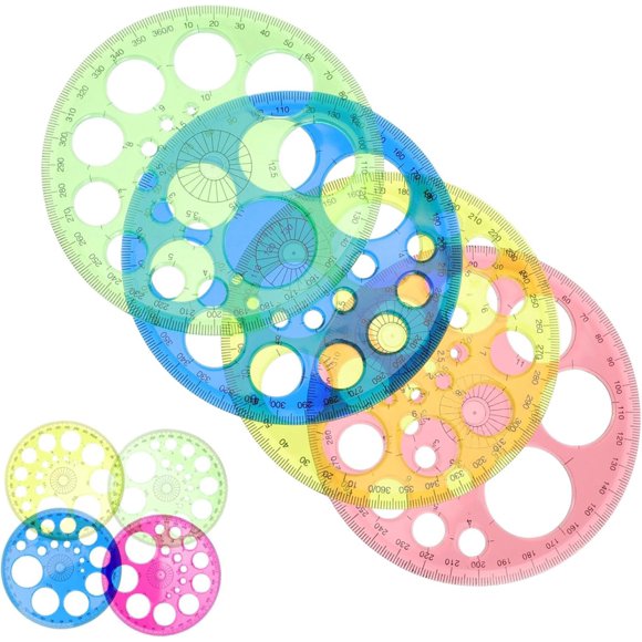 4Pcs Circle Template 360°Protractor Circle Maker Round Stencil Plastic Circle Ruler for Building Formwork Drawing 360-Degree Measurements,Random Color