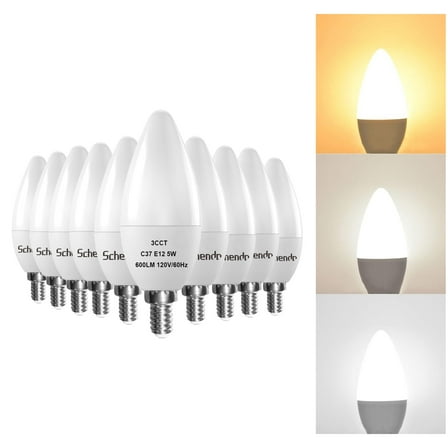 E12 LED 3-Color Light Bulbs 60W Equivalent, with Warm White, Daylight, Natural White, Color Changing Light Bulb, 600 Lumen Chandelier Bulb, 5W B11 Candle Base, Non-Dimmable, 10 Pack